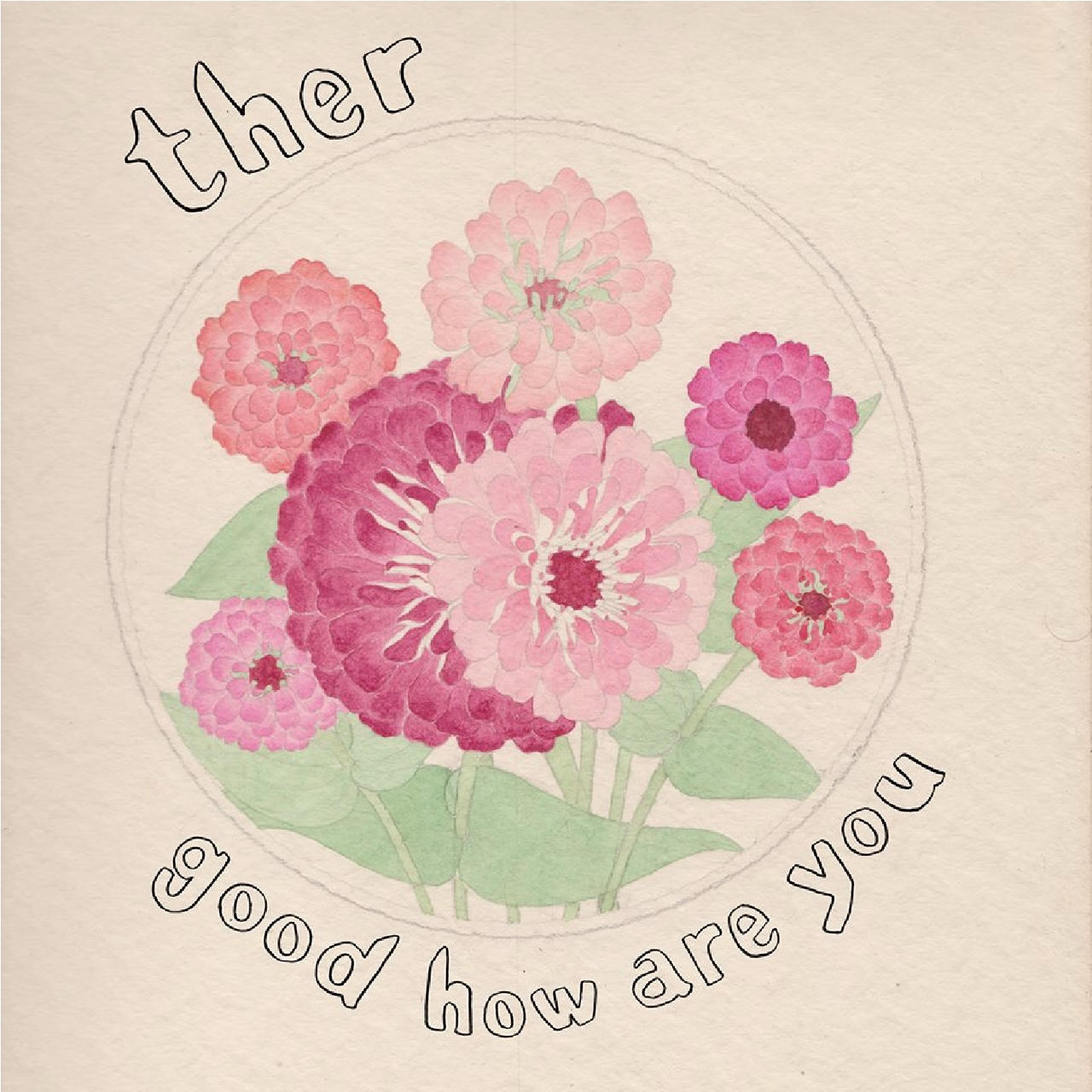 a water color of a bouquet --rose gold, magenta, other pinks--with hand-drawn lettering of the band name and album title