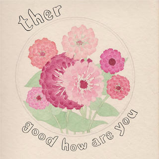 a water color of a bouquet --rose gold, magenta, other pinks--with hand-drawn lettering of the band name and album title