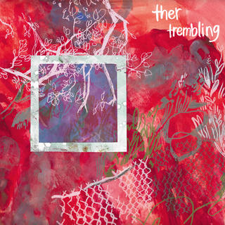 an abstract pink, white, and green painting--with brances and chainlink fence